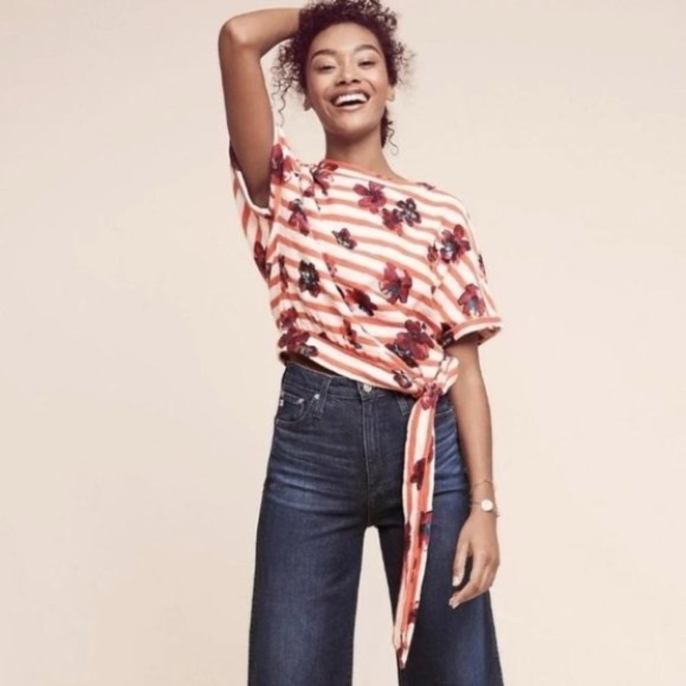 Postmark Anthropologie Striped Floral Tie Front Short Sleeve Top Small